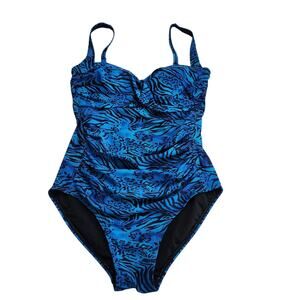 Shore Shapes Womens One Piece Swimsuit Size 10 Blue Animal Print Ruched Retro